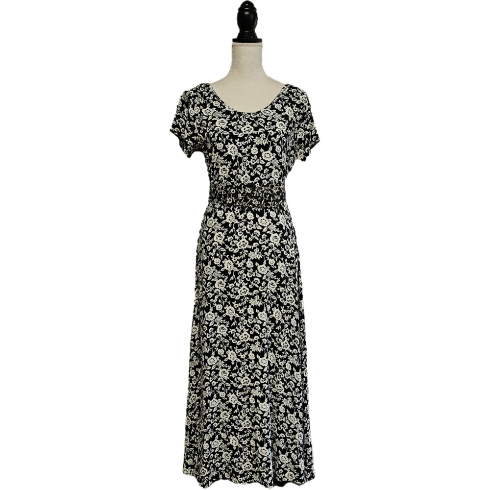 Vintage 80s Black & White Floral Belted Maxi Dress Size‎ 9/10 Whimsigoth Witchy